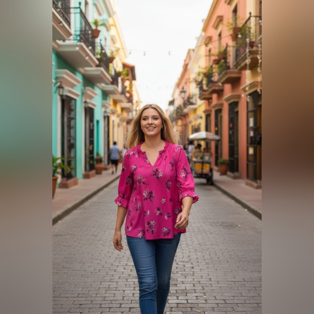 MELLODAY Floral Pink Women's Top SIZE 1X